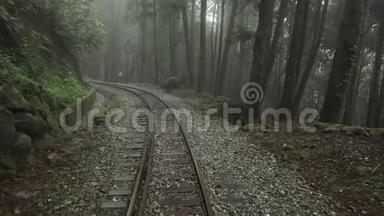 台湾雾霭、雾霾、雾霭的阿里山风景区森林废弃铁路